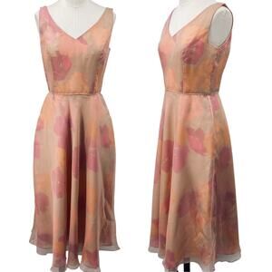Vintage Y2k Silk Beaded Fit & Flare Midi Dress Sleeveless V Neck Pink Orange 8